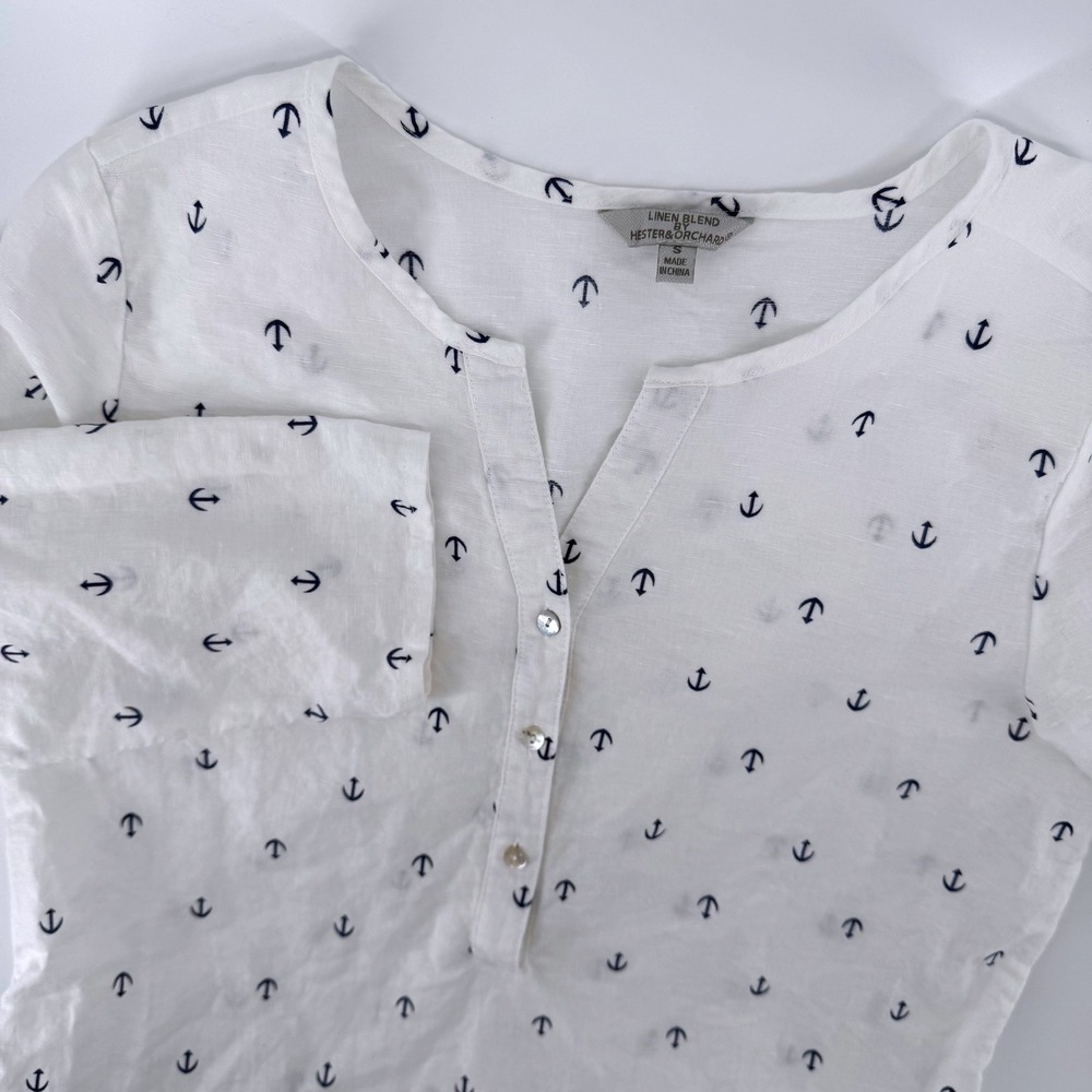 Hester & Orchard Tunic Small White Anchor Print Linen Blend Roll Tab 3/4 Sleeve